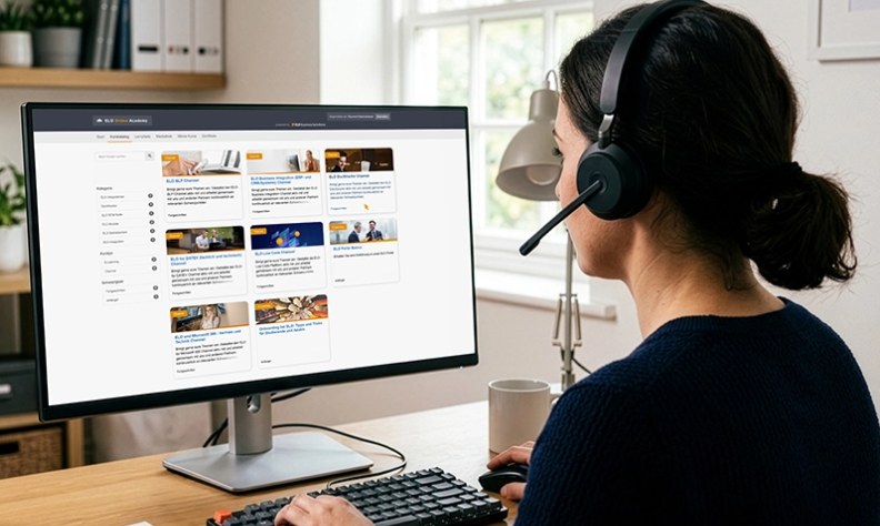 Weiterbildungsmanagement: Mitarbeiterin nutzt das digitale Lernportal mit Kursübersicht